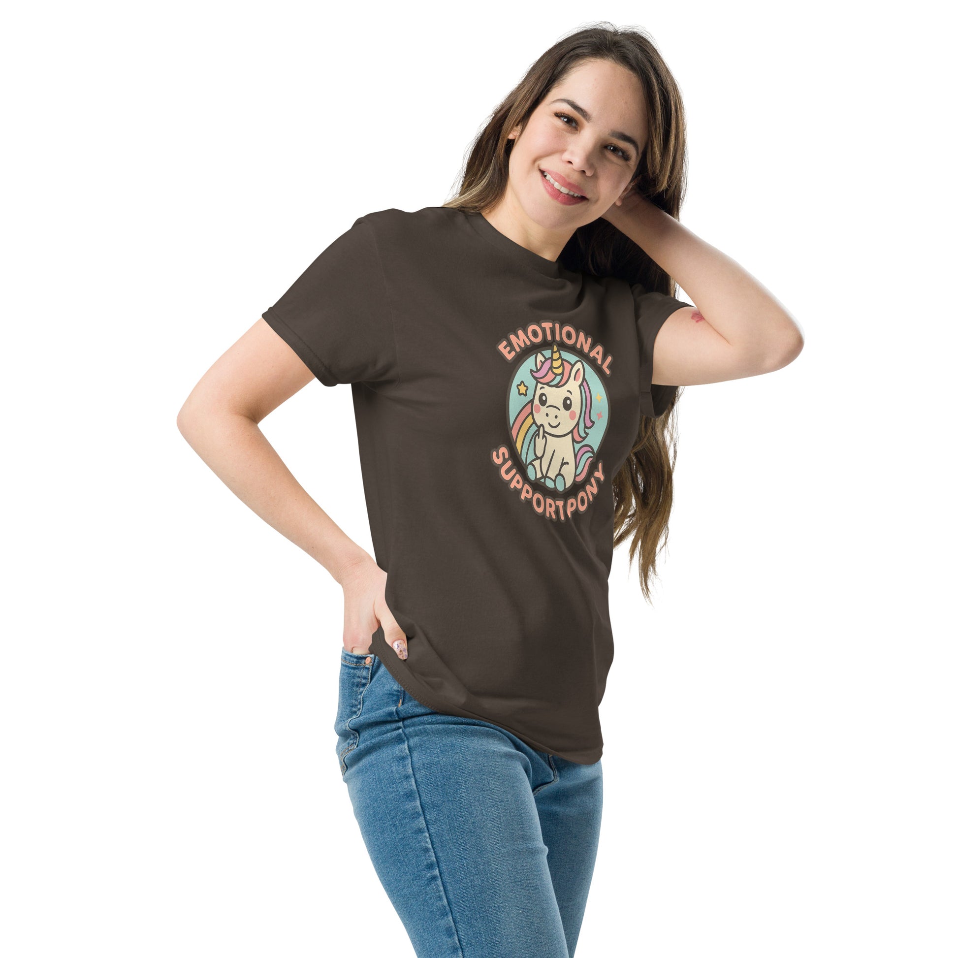 Woman wearing a brown t-shirt with a graphic design and text on a white background