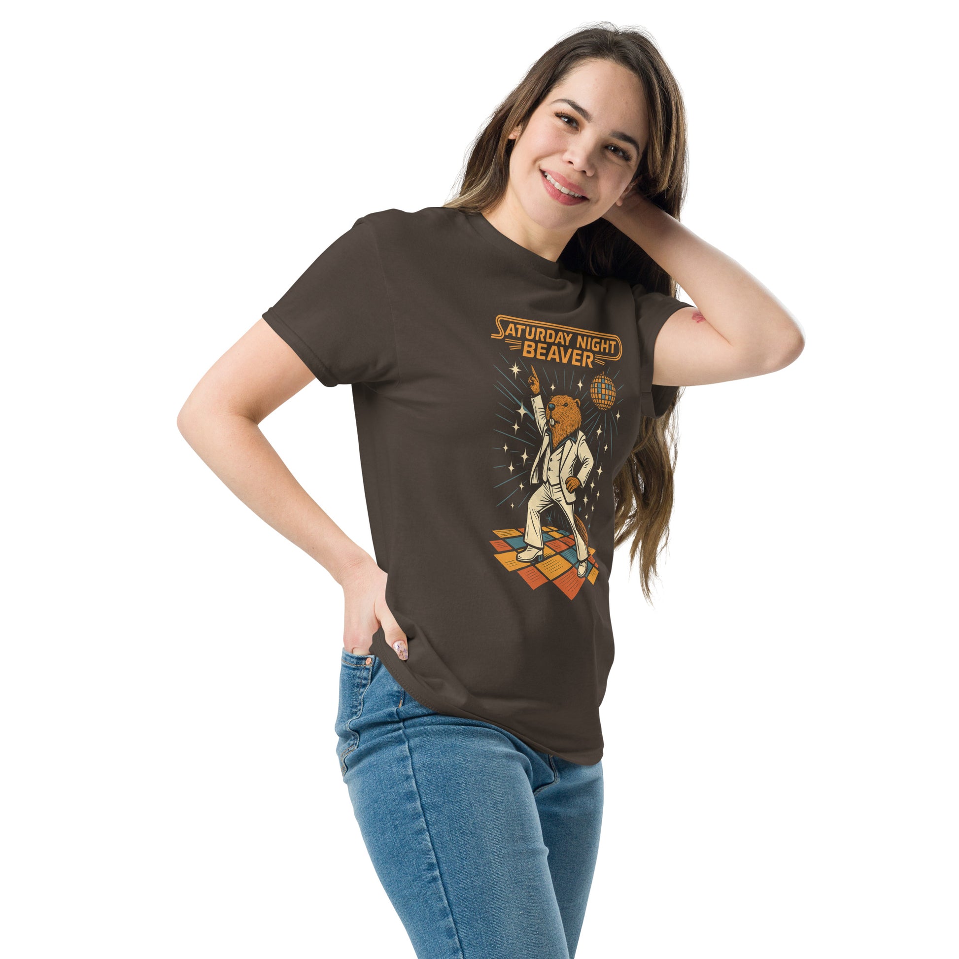 Woman wearing a brown t-shirt with a graphic design on a white background