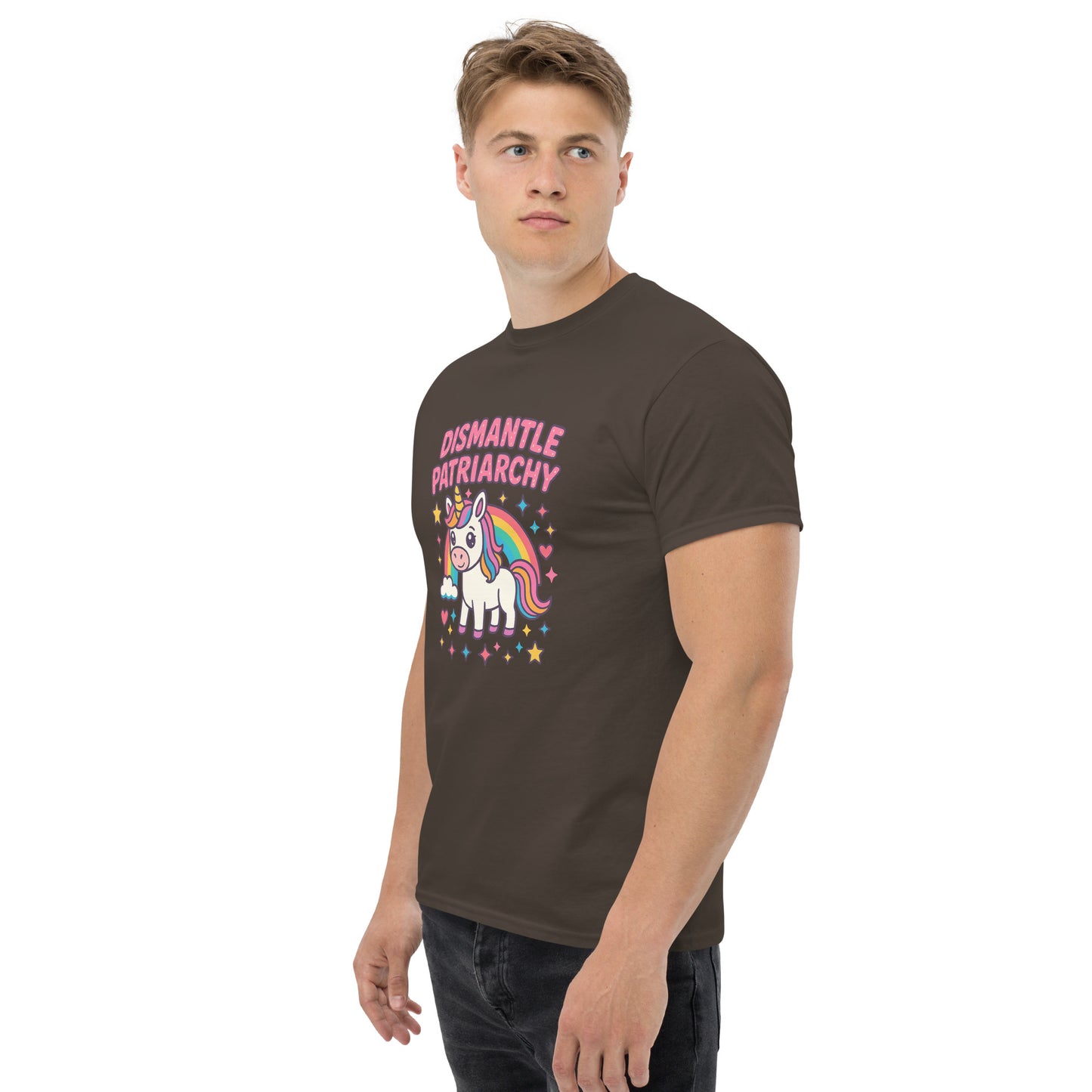 Man wearing a brown t-shirt with a colorful graphic and text on a white background