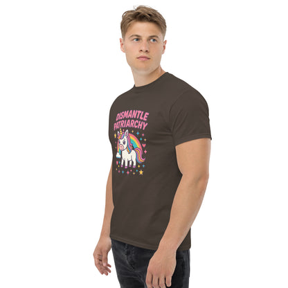 Man wearing a brown t-shirt with a colorful graphic and text on a white background