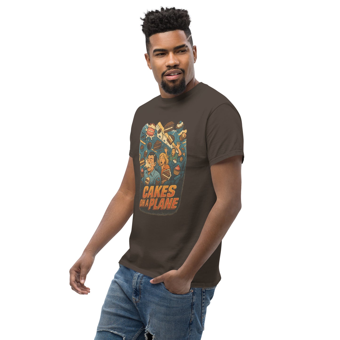 Man wearing a brown t-shirt with graphic design and text on a white background