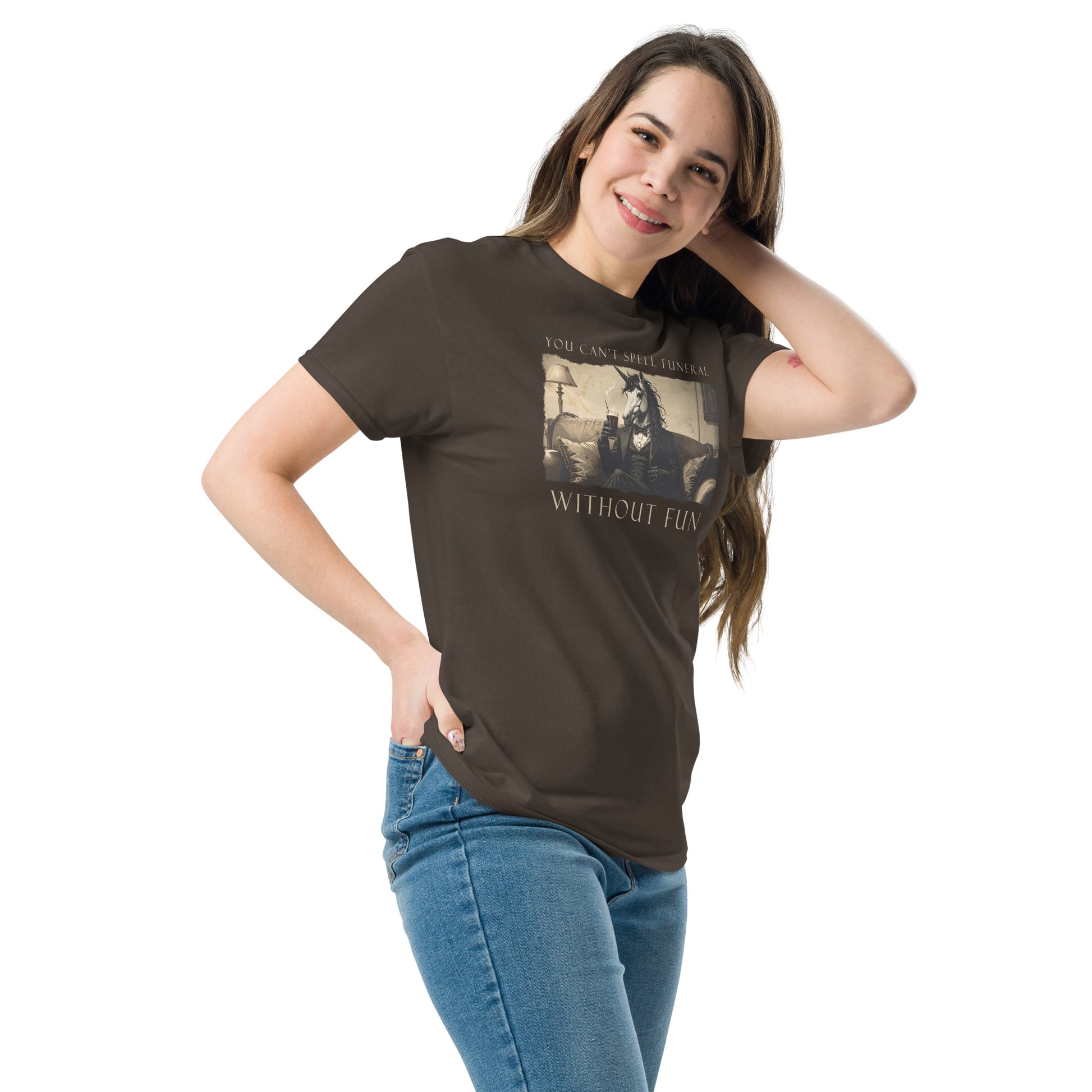 Woman wearing a brown t-shirt with a graphic design and text on a white background
