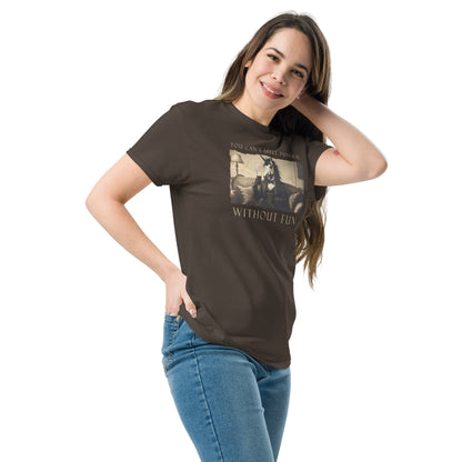 Woman wearing a brown t-shirt with a graphic design and text on a white background