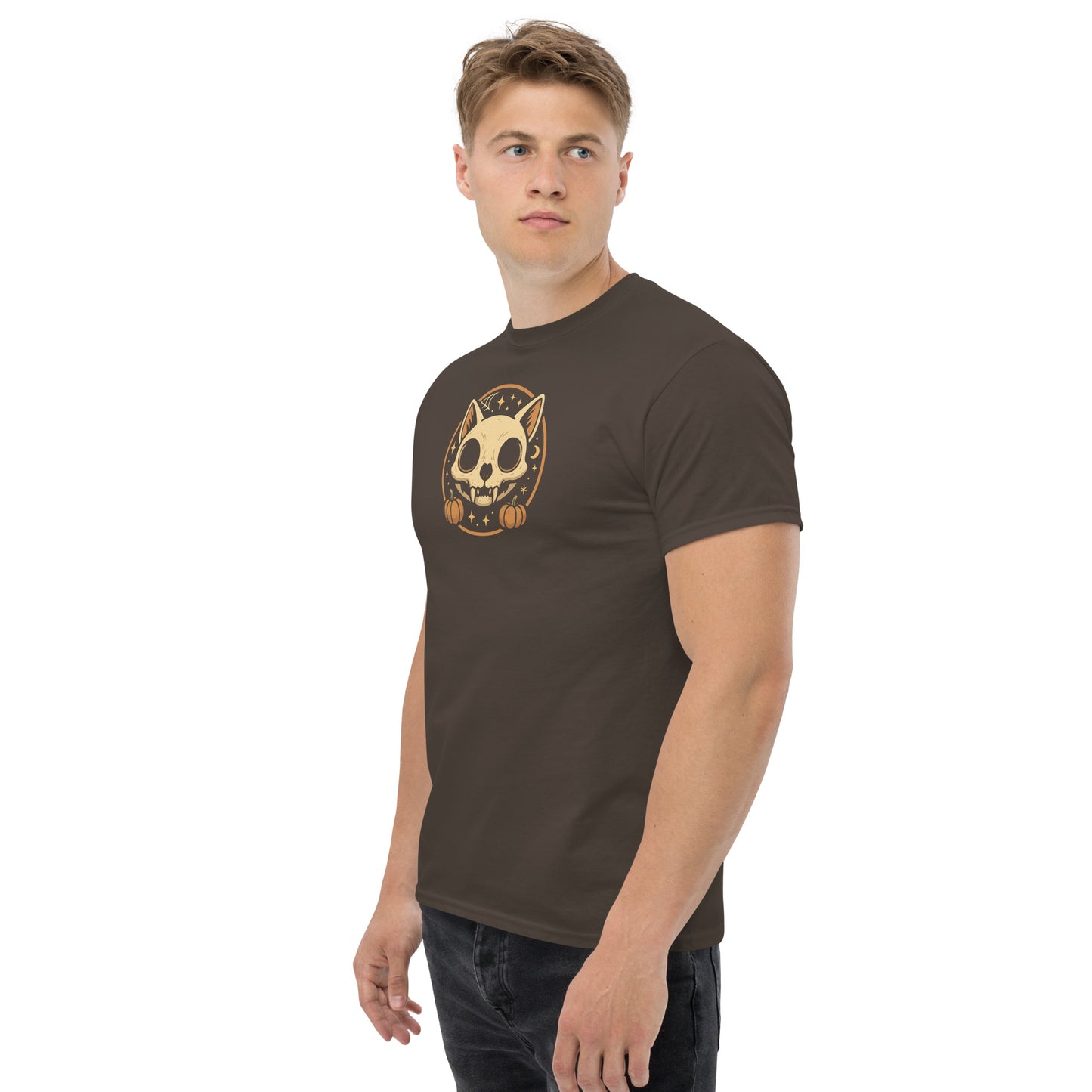 Man wearing a brown t-shirt with a graphic design on a white background