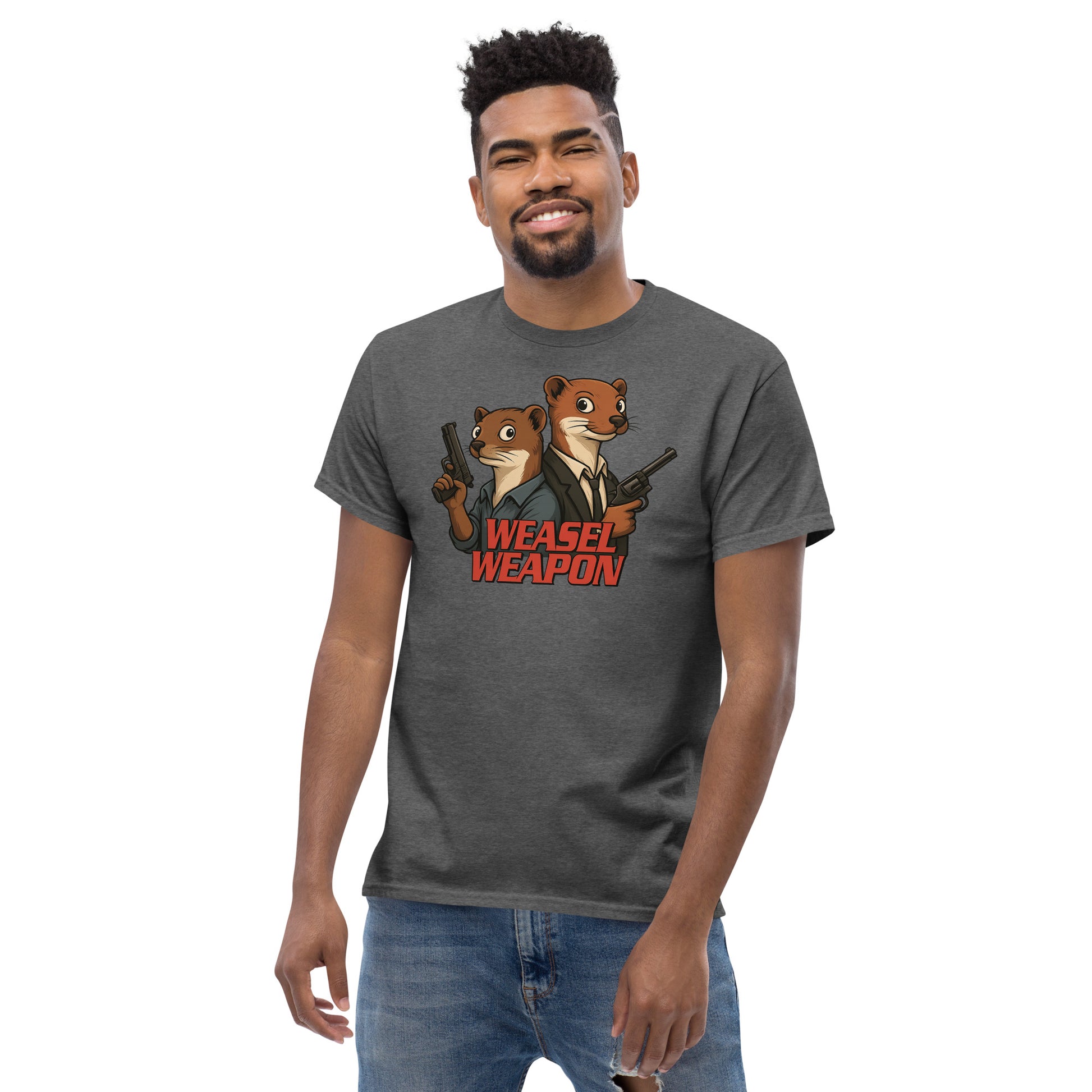 Man wearing a gray t-shirt with 'Weasel Weapon' graphic design on a white background