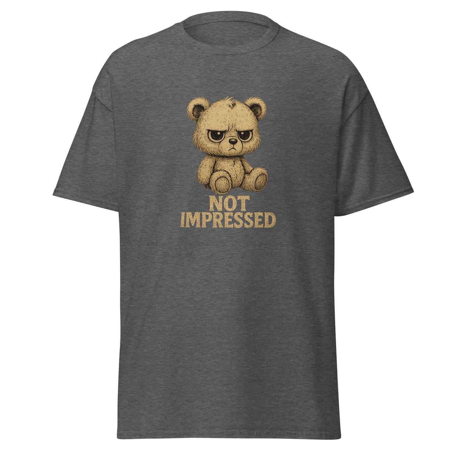 Gray t-shirt with a bear graphic and 'Not Impressed' text on a white background