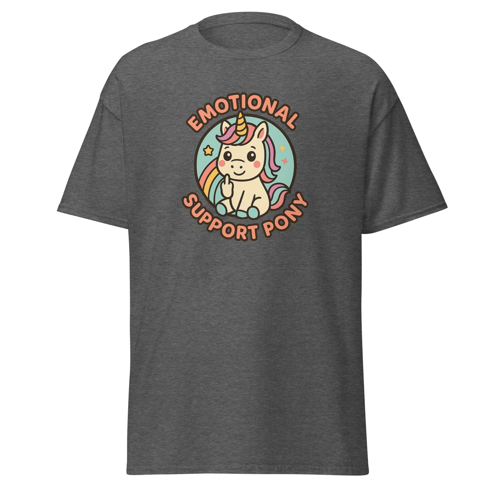 Gray t-shirt with a colorful unicorn graphic and text on a white background