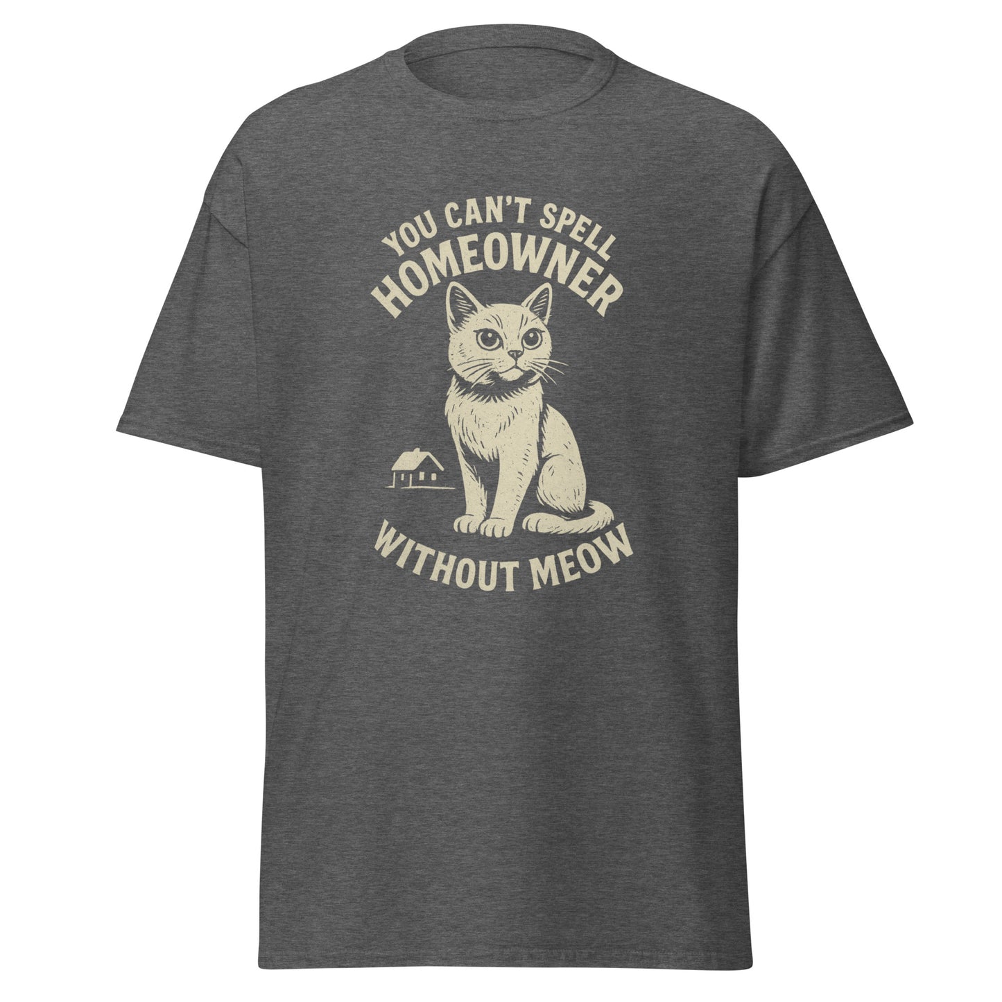 Gray t-shirt with a cat graphic and text on a white background