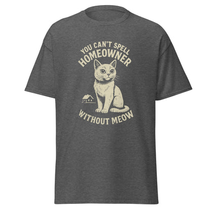 Gray t-shirt with a cat graphic and text on a white background