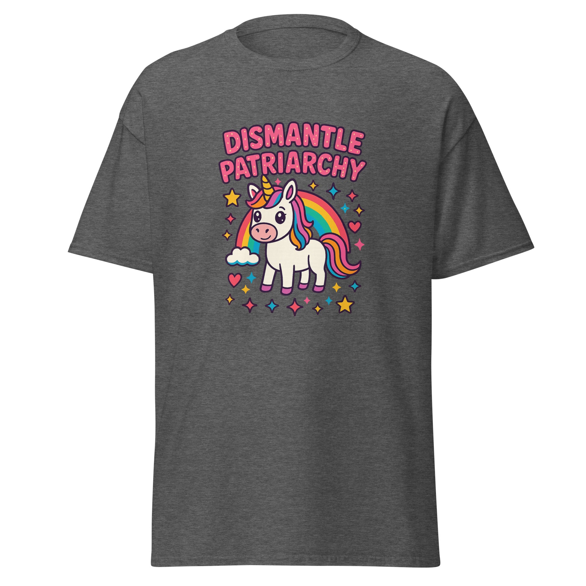Gray t-shirt with a unicorn graphic and 'Dismantle Patriarchy' text on a white background