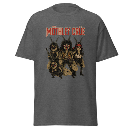 Gray t-shirt with 'Mothley Crue' graphic design on a white background