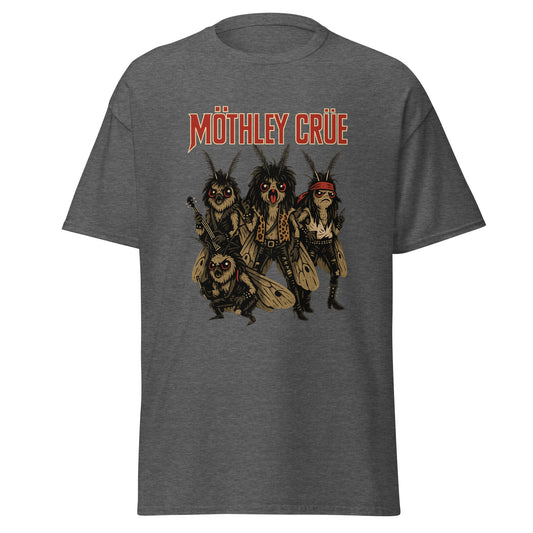 Gray t-shirt with 'Mothley Crue' graphic design on a white background