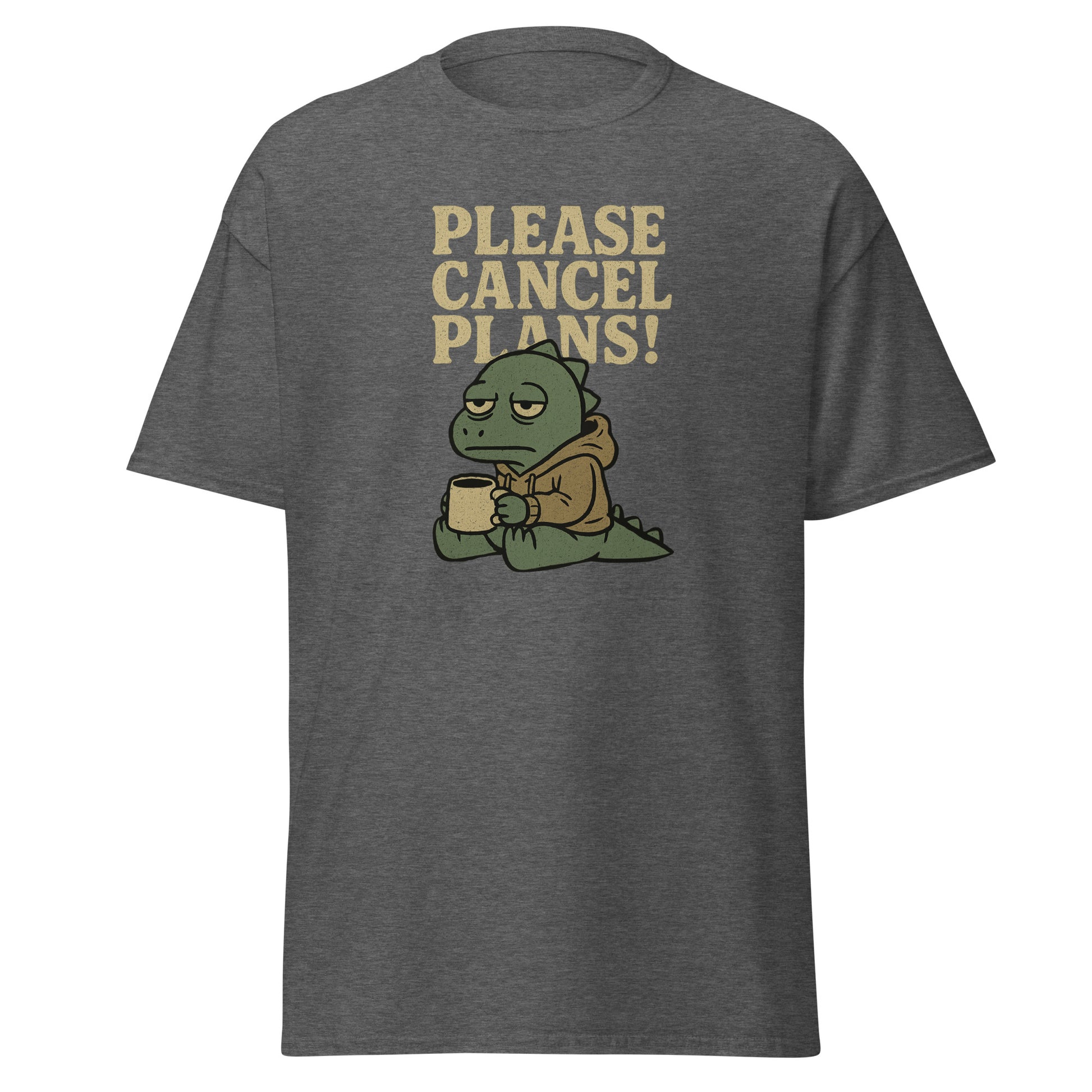 Gray t-shirt with a cartoon character holding a coffee cup and text 'Please Cancel Plans!' on a white background