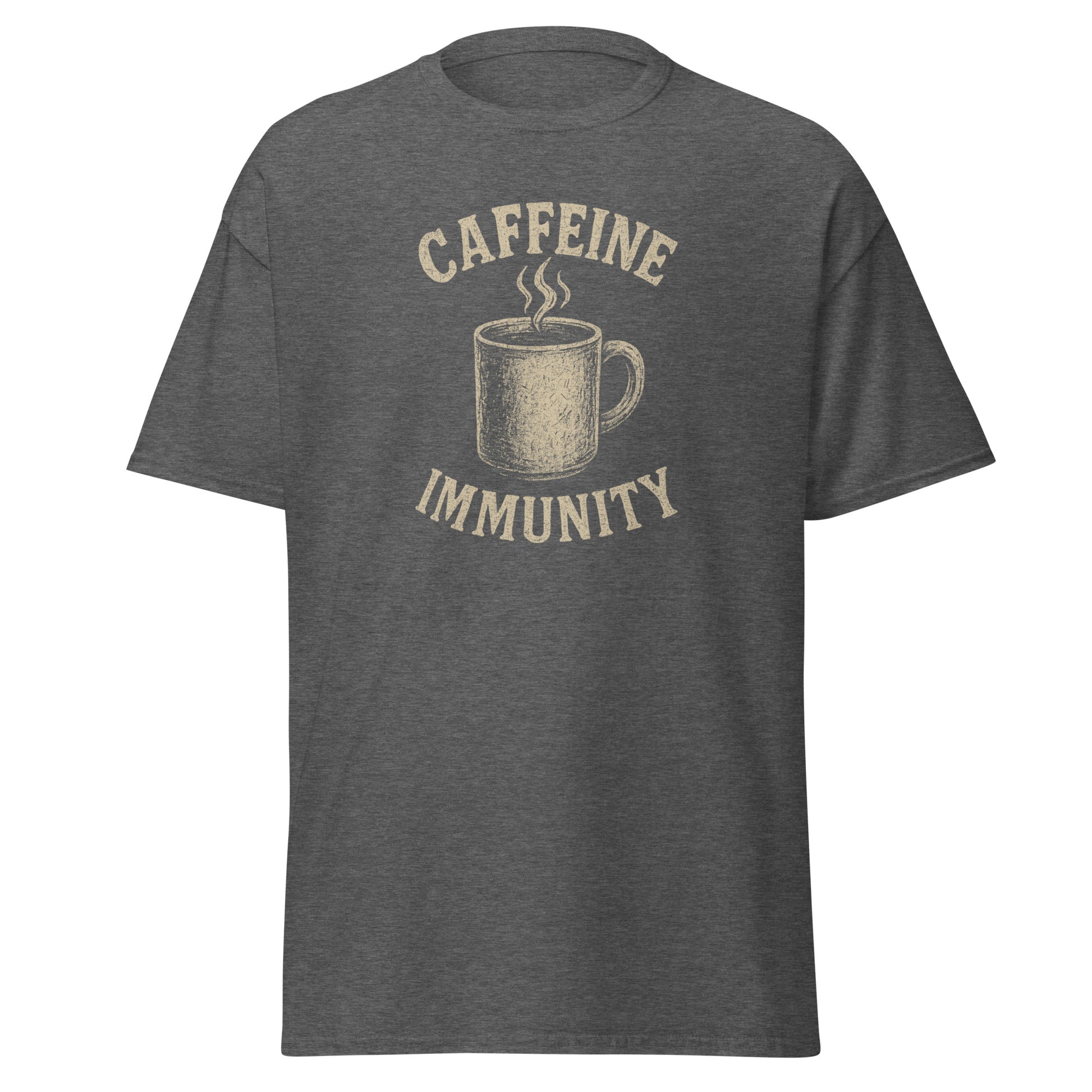 Gray t-shirt with a graphic of a coffee cup and text 'CAFFEINE IMMUNITY' on a white background