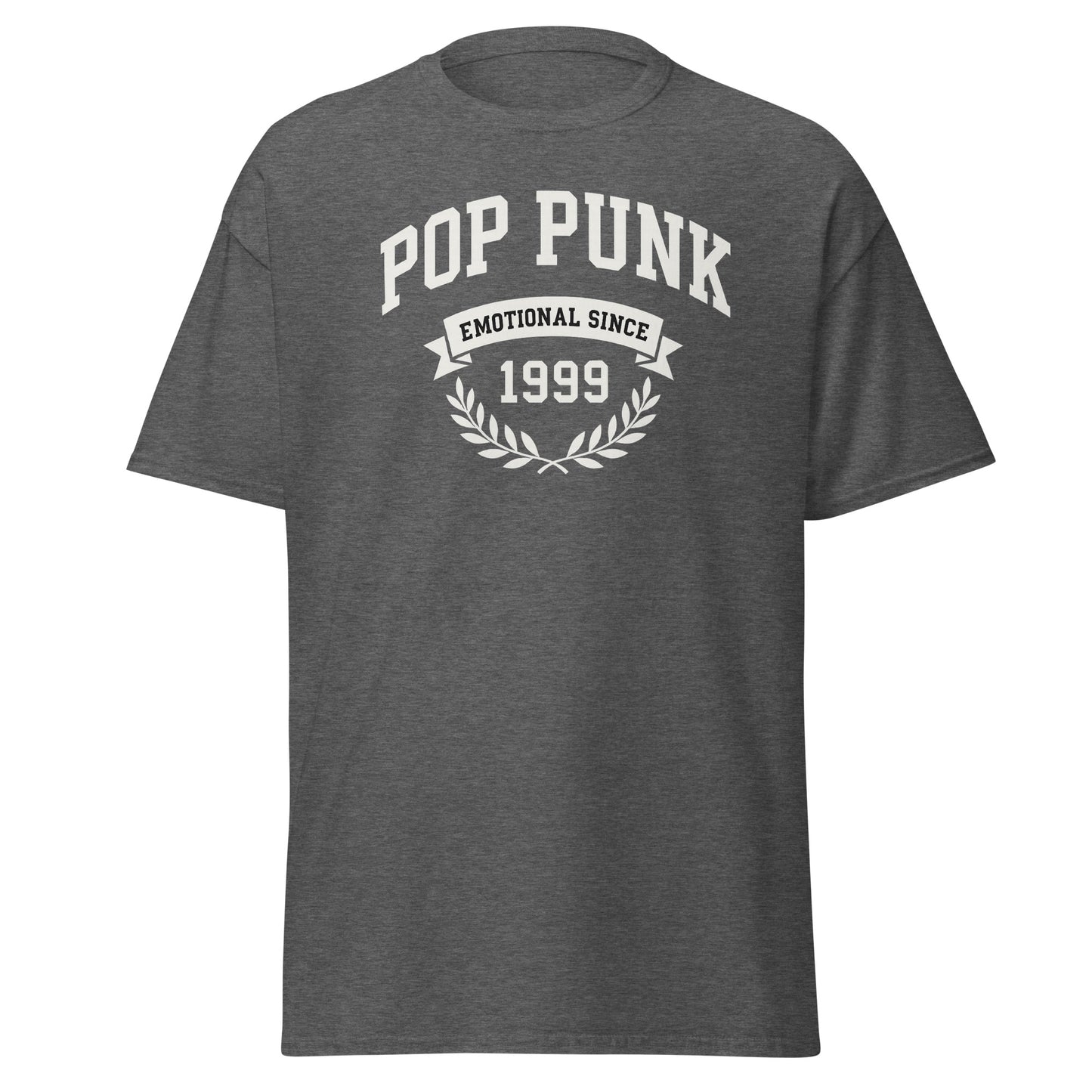 Gray t-shirt with 'Pop Punk Emotional Since 1999' text on a white background