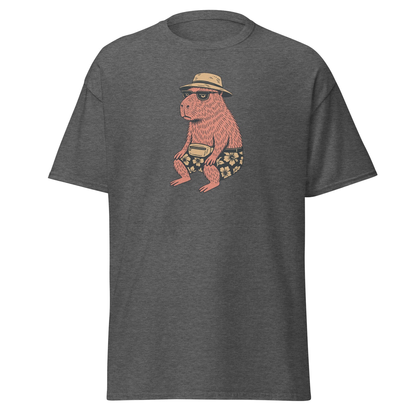 ash gray Unisex Happybara t-shirt with quirky animal design, front view