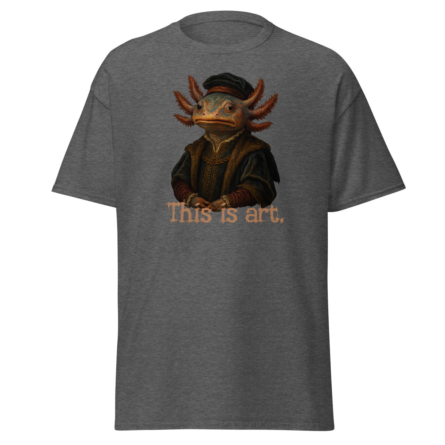 Gray t-shirt with a graphic of a lizard-like creature and text 'This is art.' on a white background