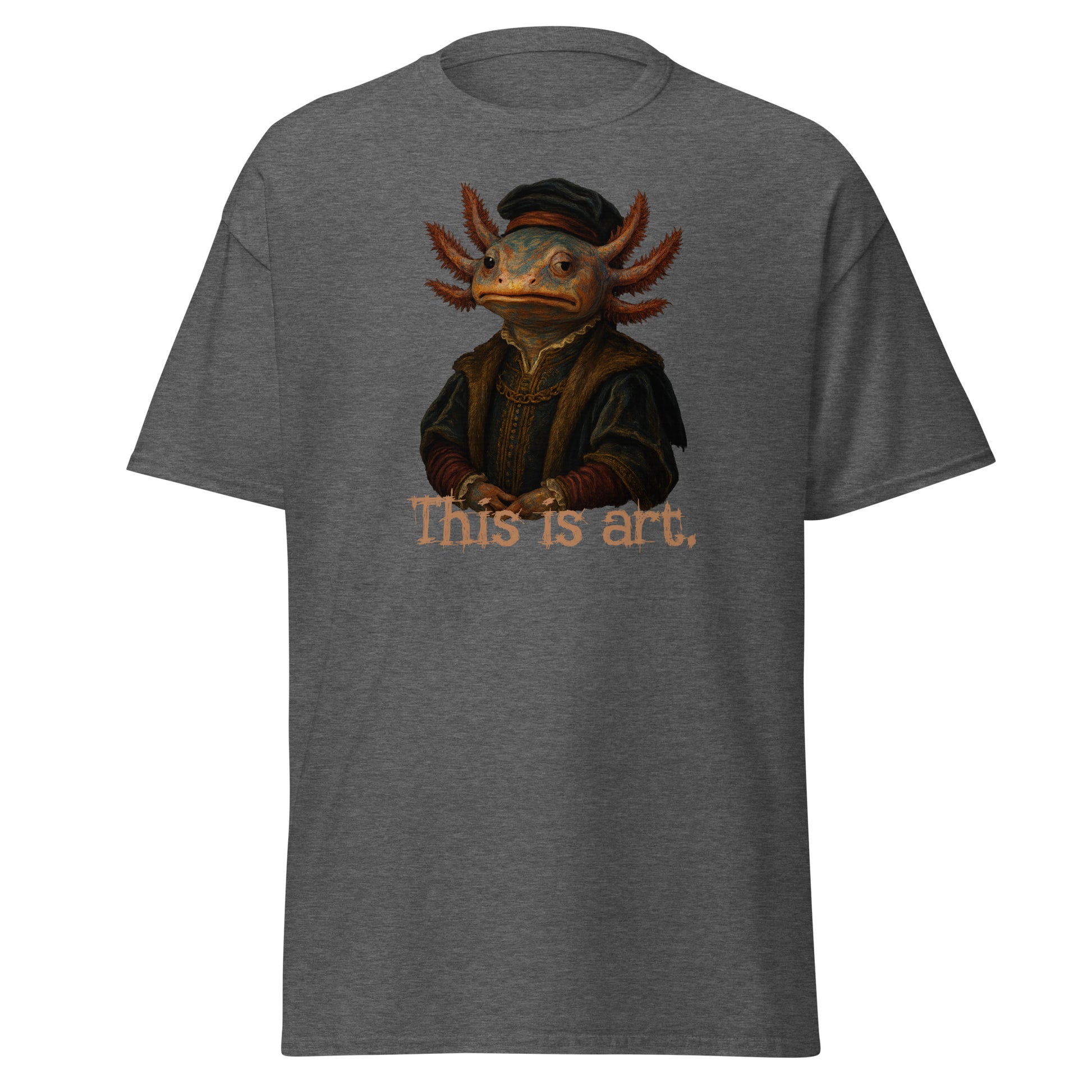 Gray t-shirt with a graphic of a lizard-like creature and text 'This is art.' on a white background