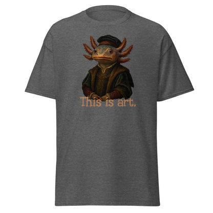 Gray t-shirt with a graphic of a lizard-like creature and text 'This is art.' on a white background
