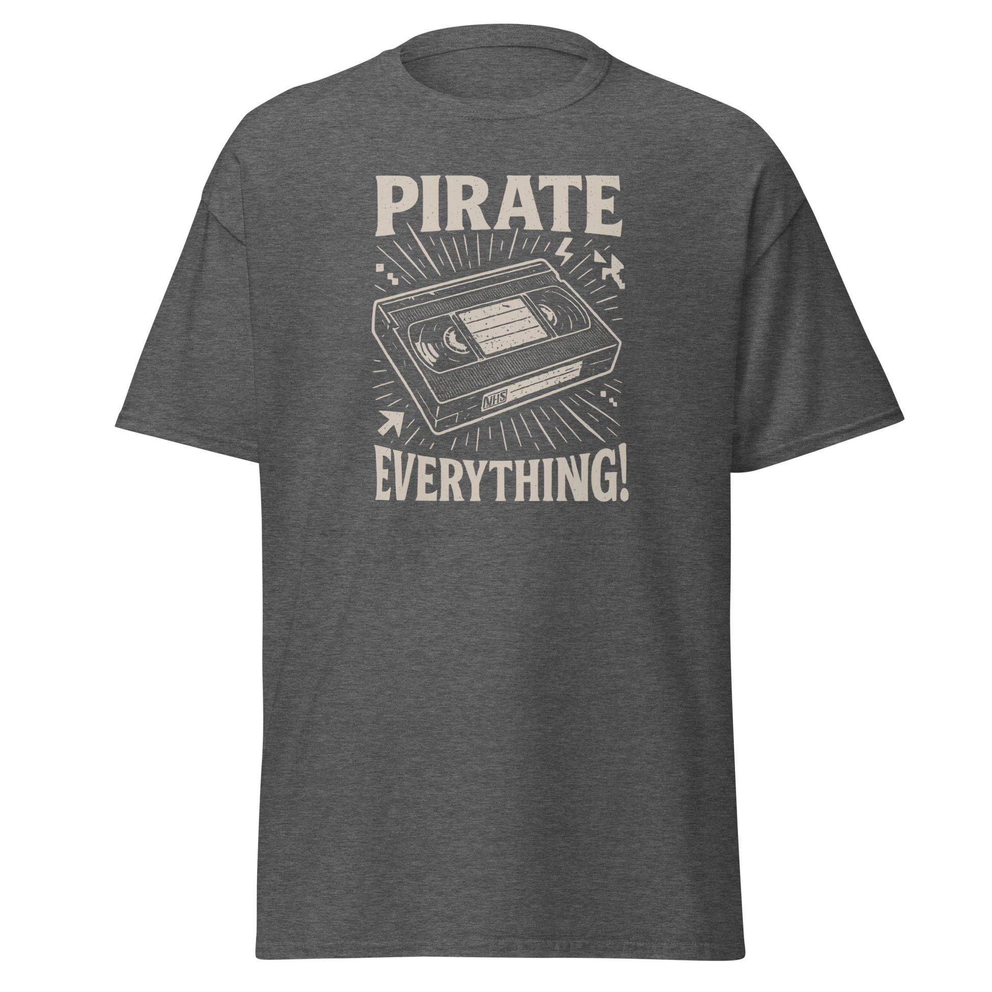 Gray t-shirt with a graphic design and text 'Pirate Everything!' on a white background