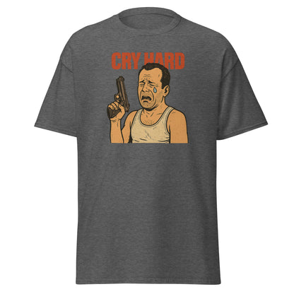 Gray t-shirt with graphic of a man holding a gun and text 'Cry Hard' on a white background