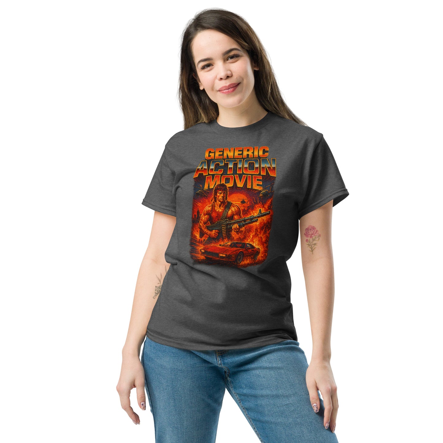 Person wearing a 'Generic Action Movie' t-shirt with a graphic design on a white background