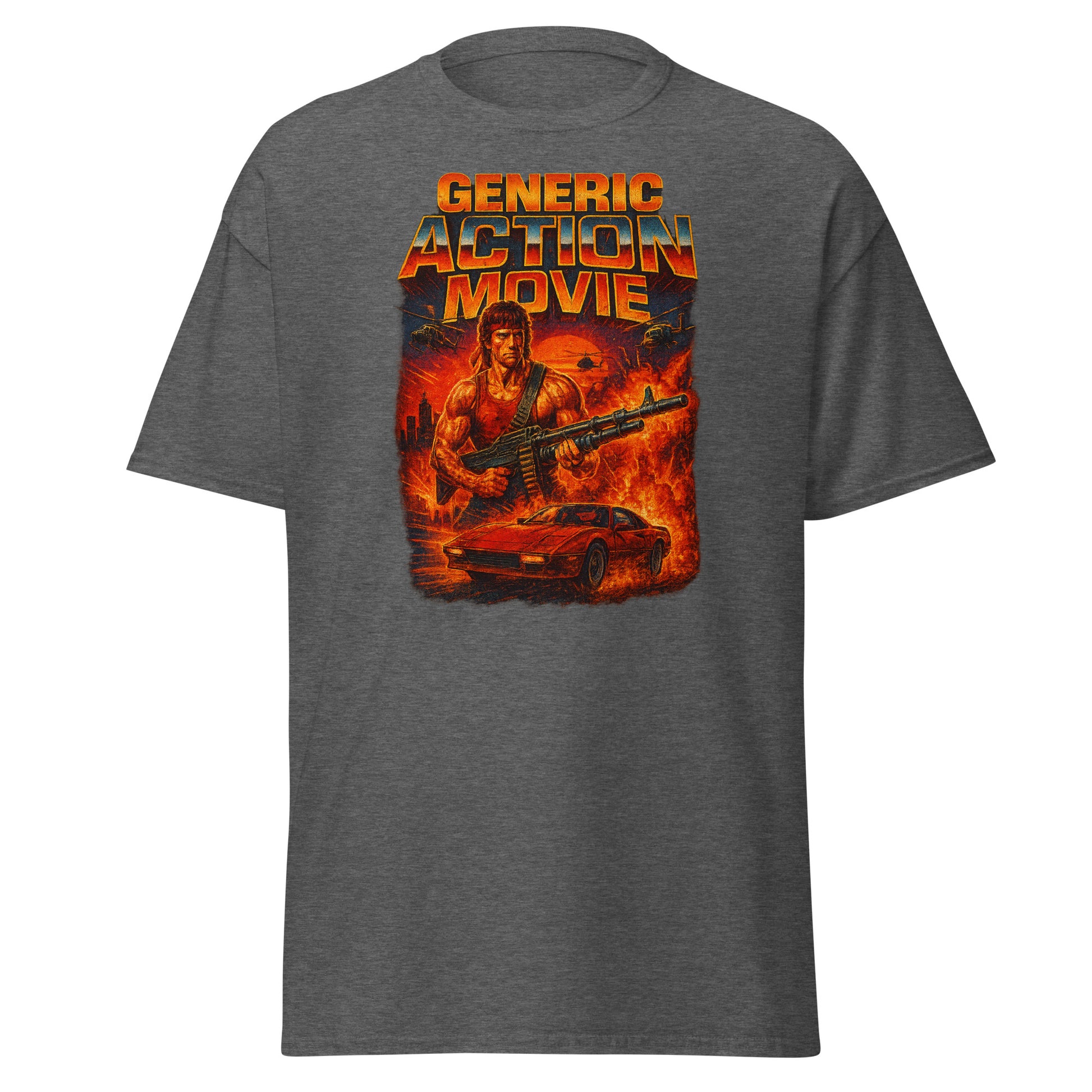 Gray t-shirt with 'Generic Action Movie' graphic featuring a character with a gun and car on fire.