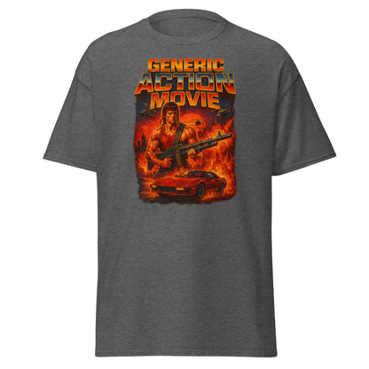 Gray t-shirt with 'Generic Action Movie' graphic featuring a character with a gun and car on fire.