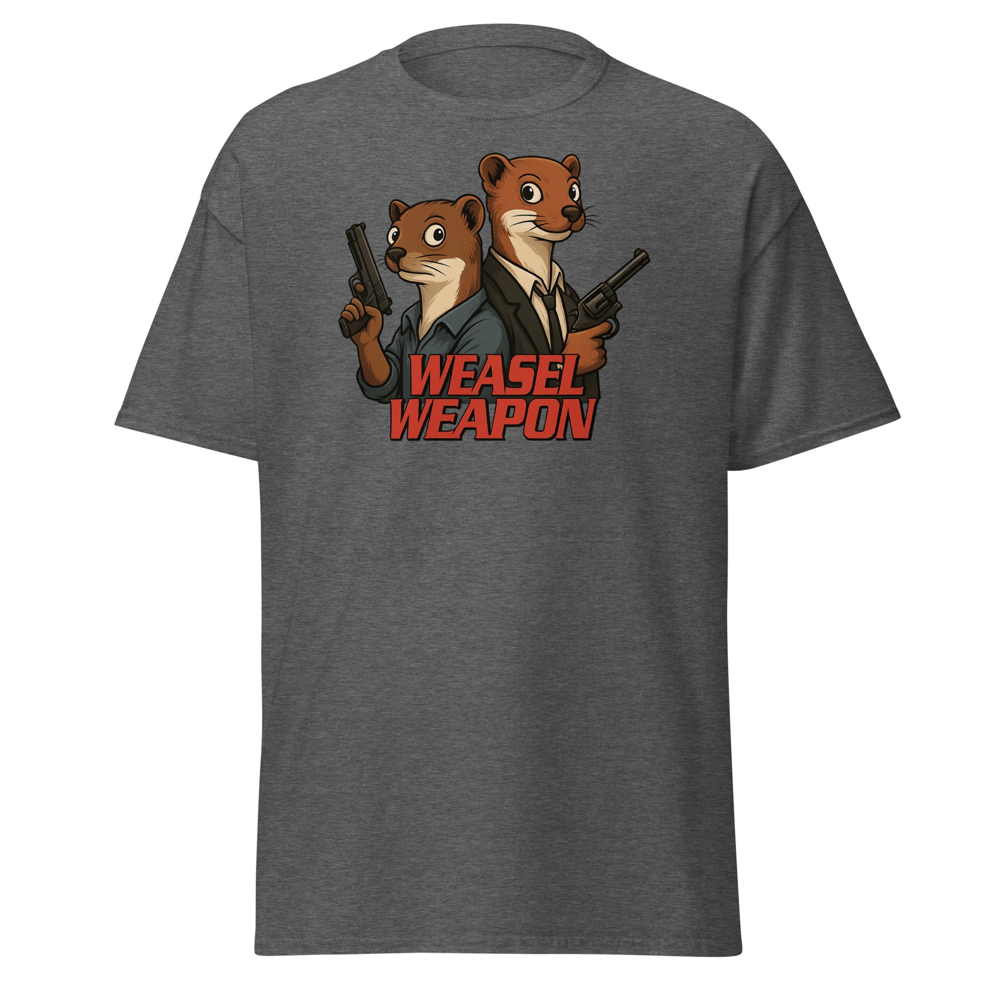 Gray t-shirt with cartoon weasels holding guns and 'Weasel Weapon' text on a white background