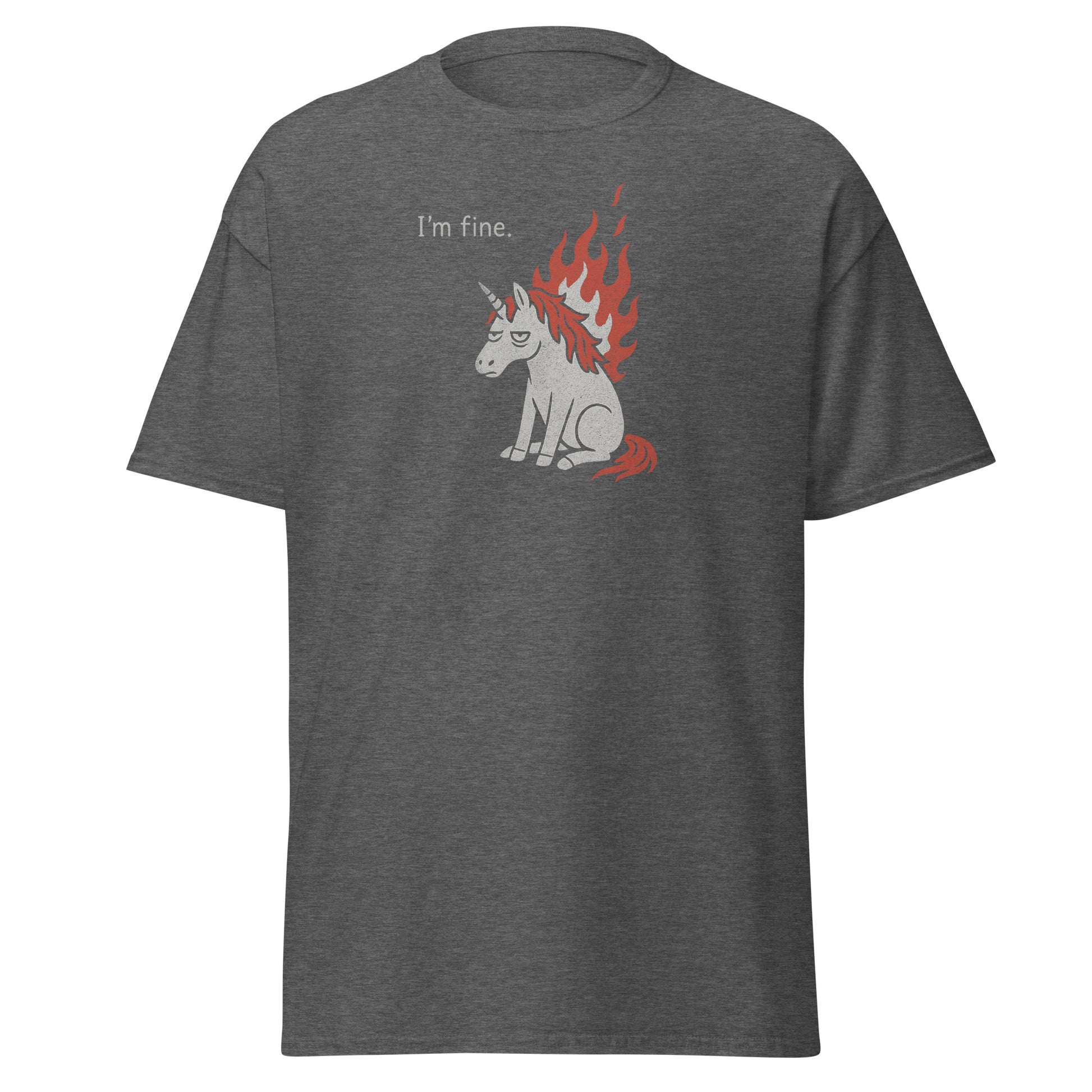 Gray t-shirt with a graphic of a unicorn on fire and 'I'm fine.' text, on a white background
