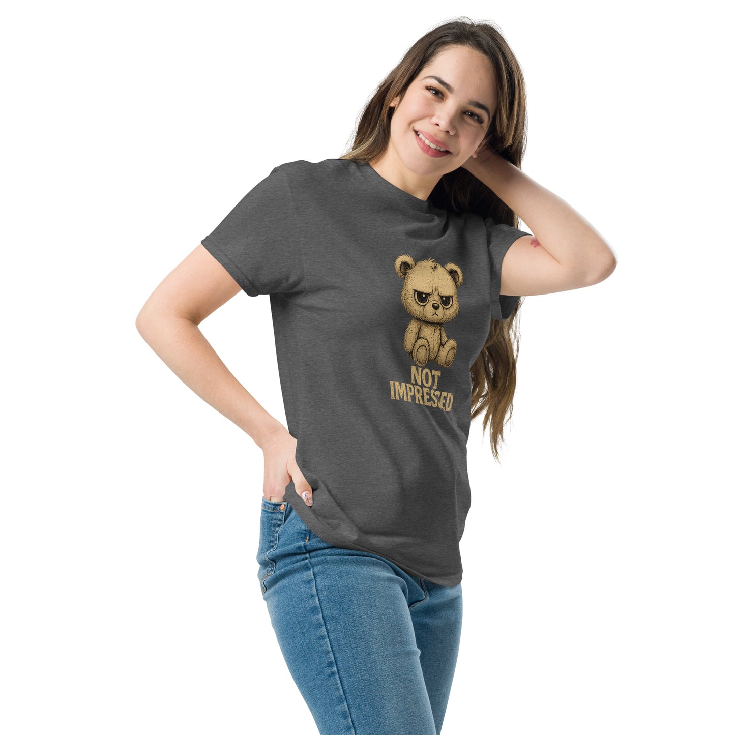 Woman wearing a gray t-shirt with a bear graphic and 'Not Impressed' text on a white background