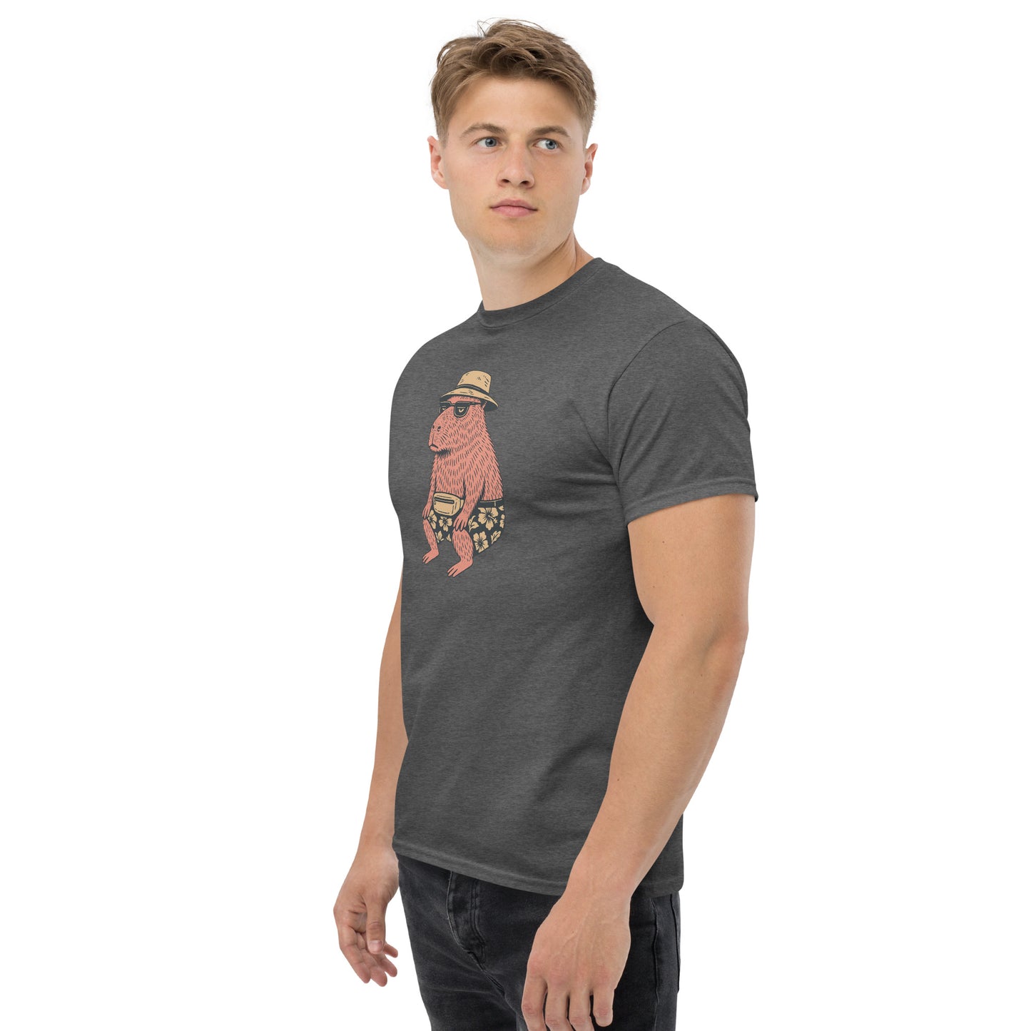 man wearing gray Unisex Happybara t-shirt with quirky animal design, front view