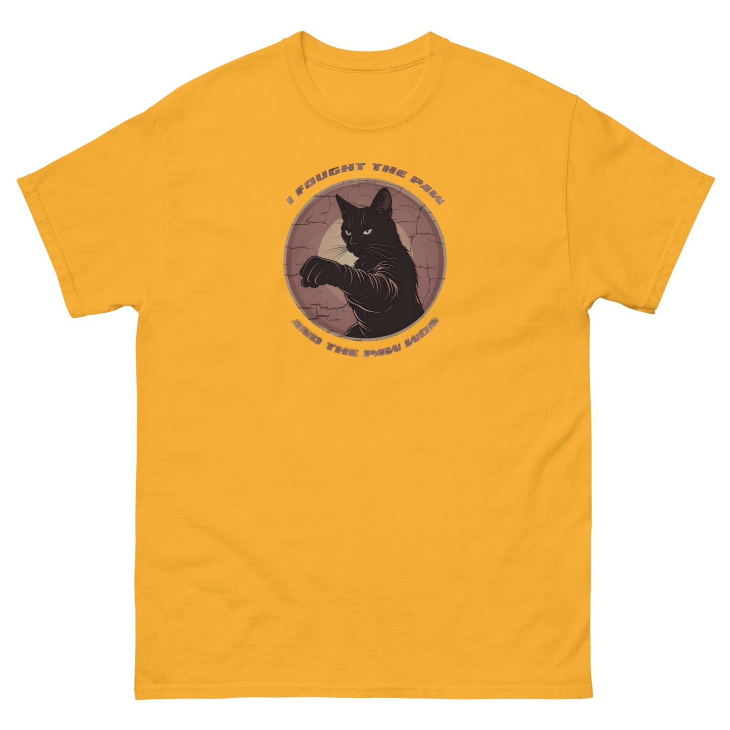 Yellow t-shirt with a black cat graphic and text on a white background