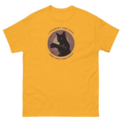 Yellow t-shirt with a black cat graphic and text on a white background