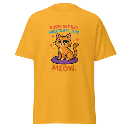 Yellow t-shirt with a cat graphic and text on a white background