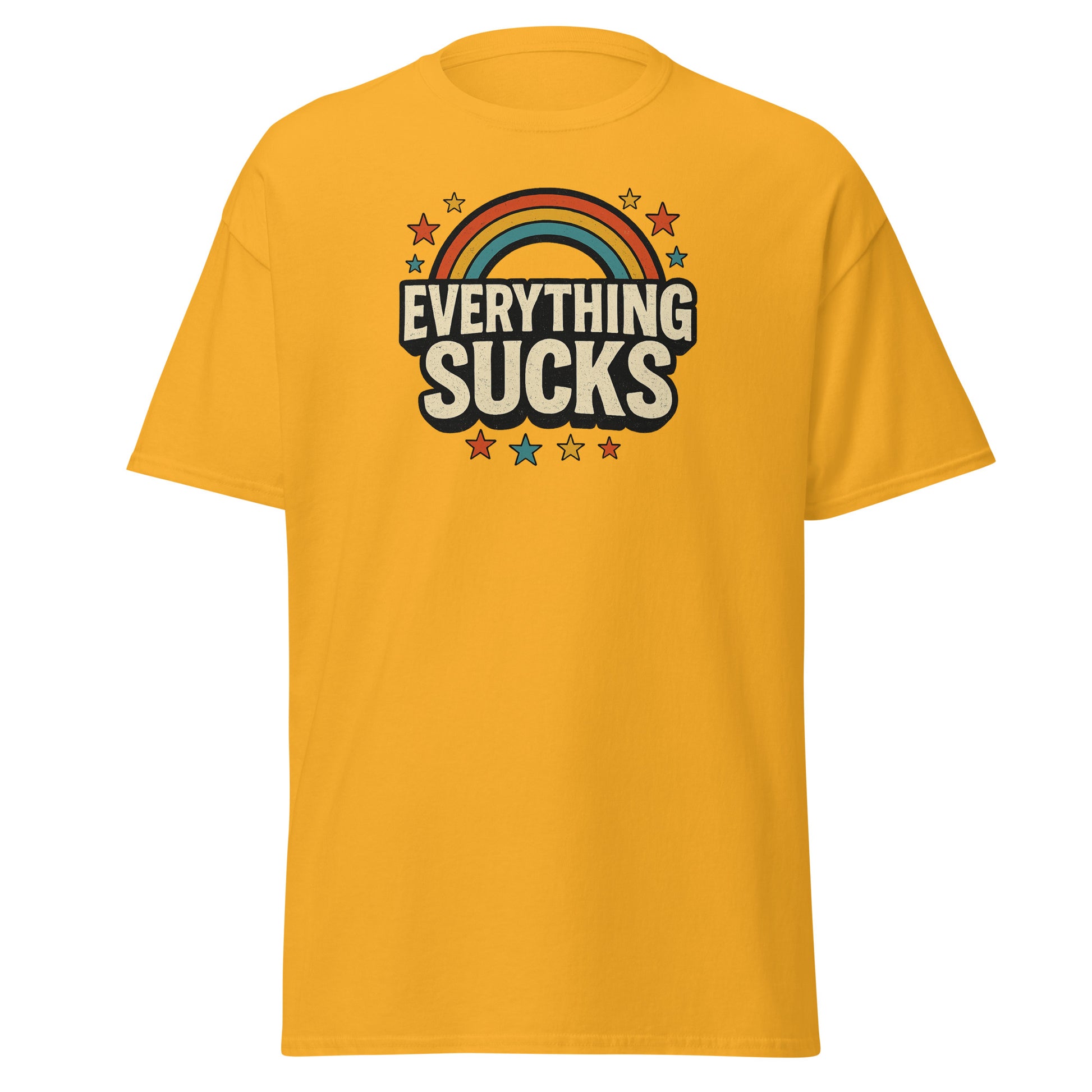 Yellow t-shirt with 'Everything Sucks' graphic design on a white background
