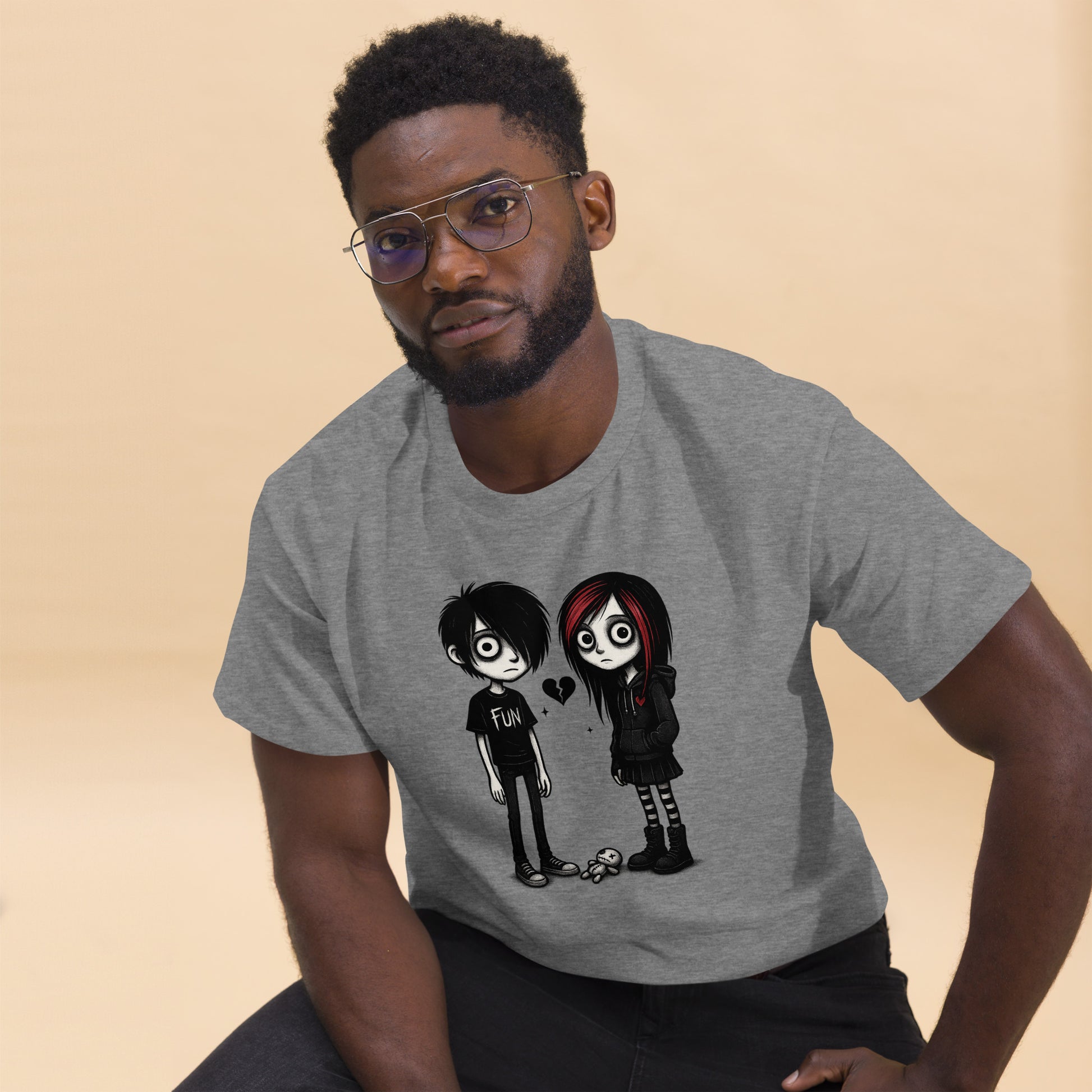 Man wearing a gray t-shirt with cartoon characters and 'Funk' text on a beige background