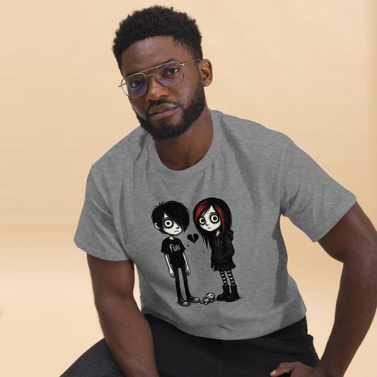 Man wearing a gray t-shirt with cartoon characters and 'Funk' text on a beige background