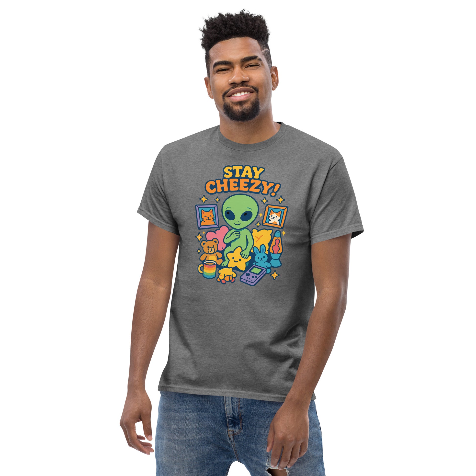 Man wearing a gray t-shirt with colorful graphic design and text on a white background
