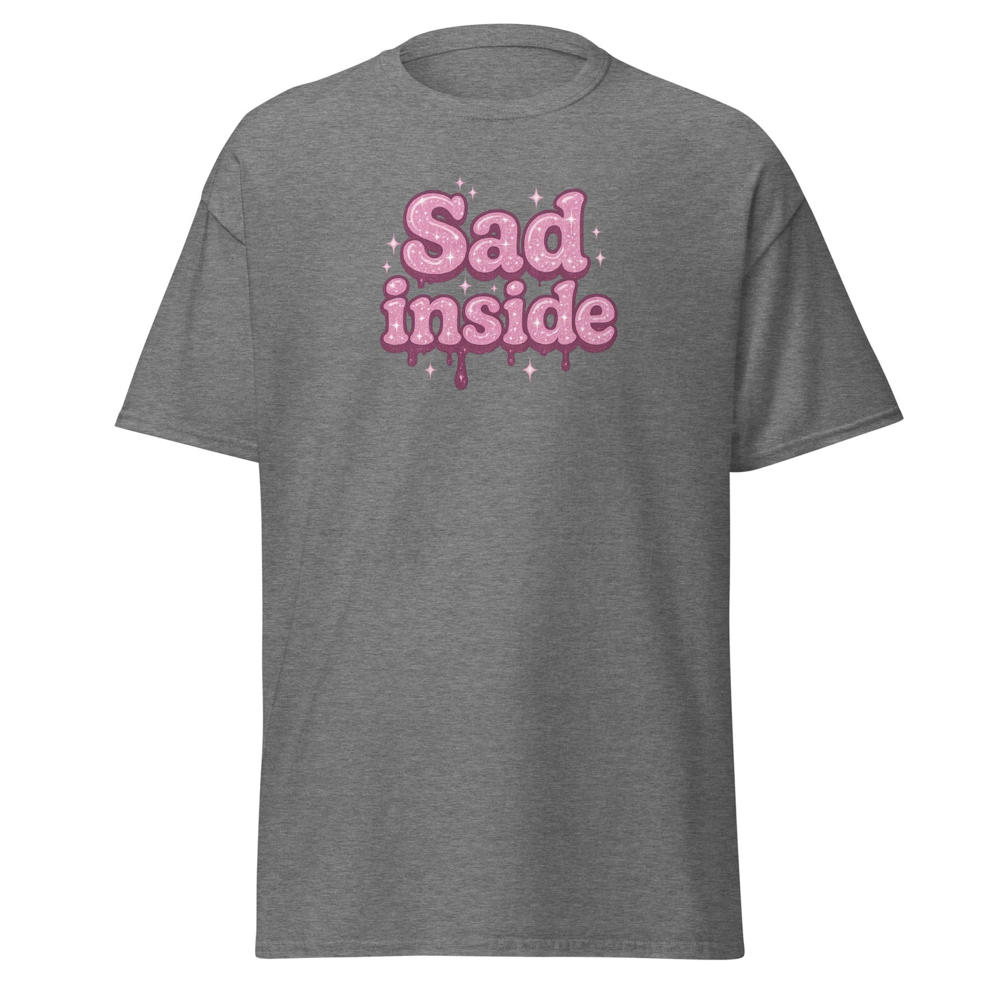 Gray t-shirt with pink 'Sad inside' text on a white background