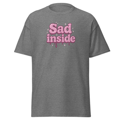 Gray t-shirt with pink 'Sad inside' text on a white background