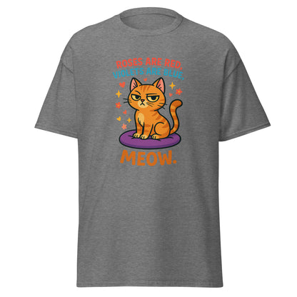 Gray t-shirt with a cat graphic and text on a white background