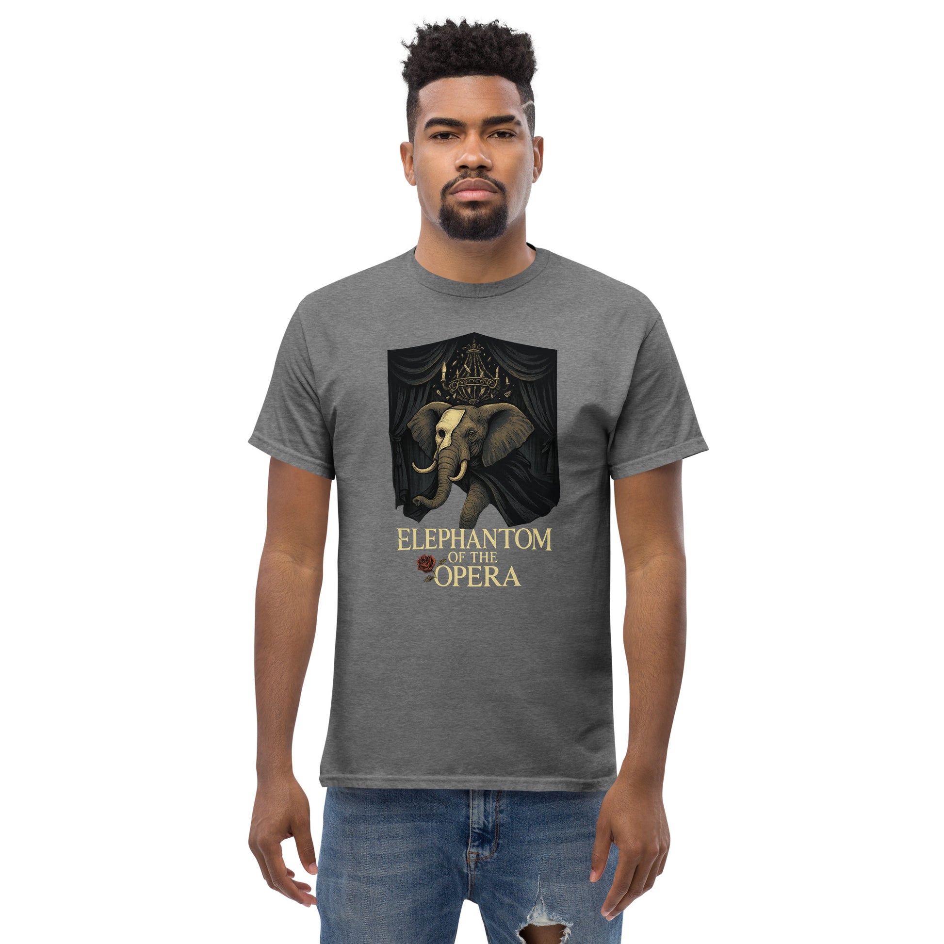 Man wearing a gray t-shirt with 'Elephant of the Opera' design on a white background
