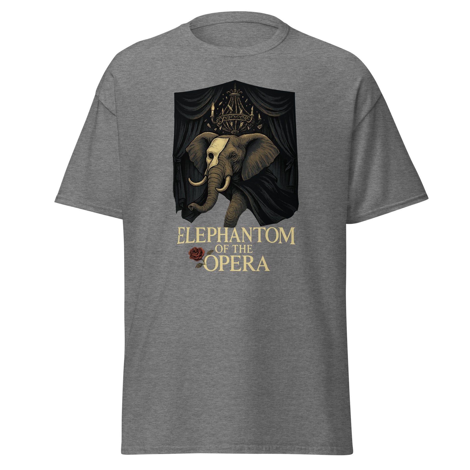Gray t-shirt with 'elephantom of the opera' design featuring an elephant and a crown.