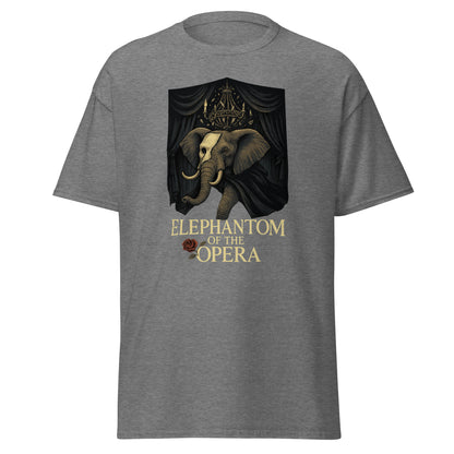 Gray t-shirt with 'elephantom of the opera' design featuring an elephant and a crown.