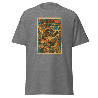 Gray t-shirt with a graphic of a raccoon labeled 'Trash Panda' on a white background