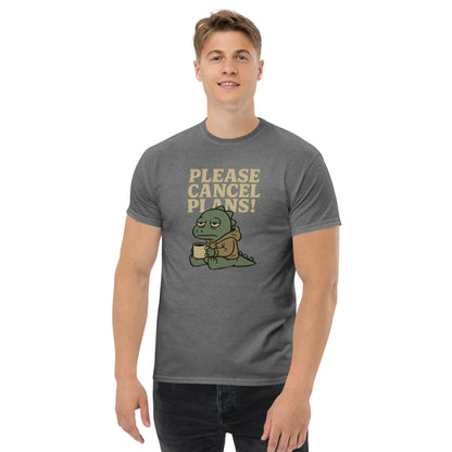 Person wearing a gray t-shirt with a graphic and text 'Please Cancel Plans!' on a white background