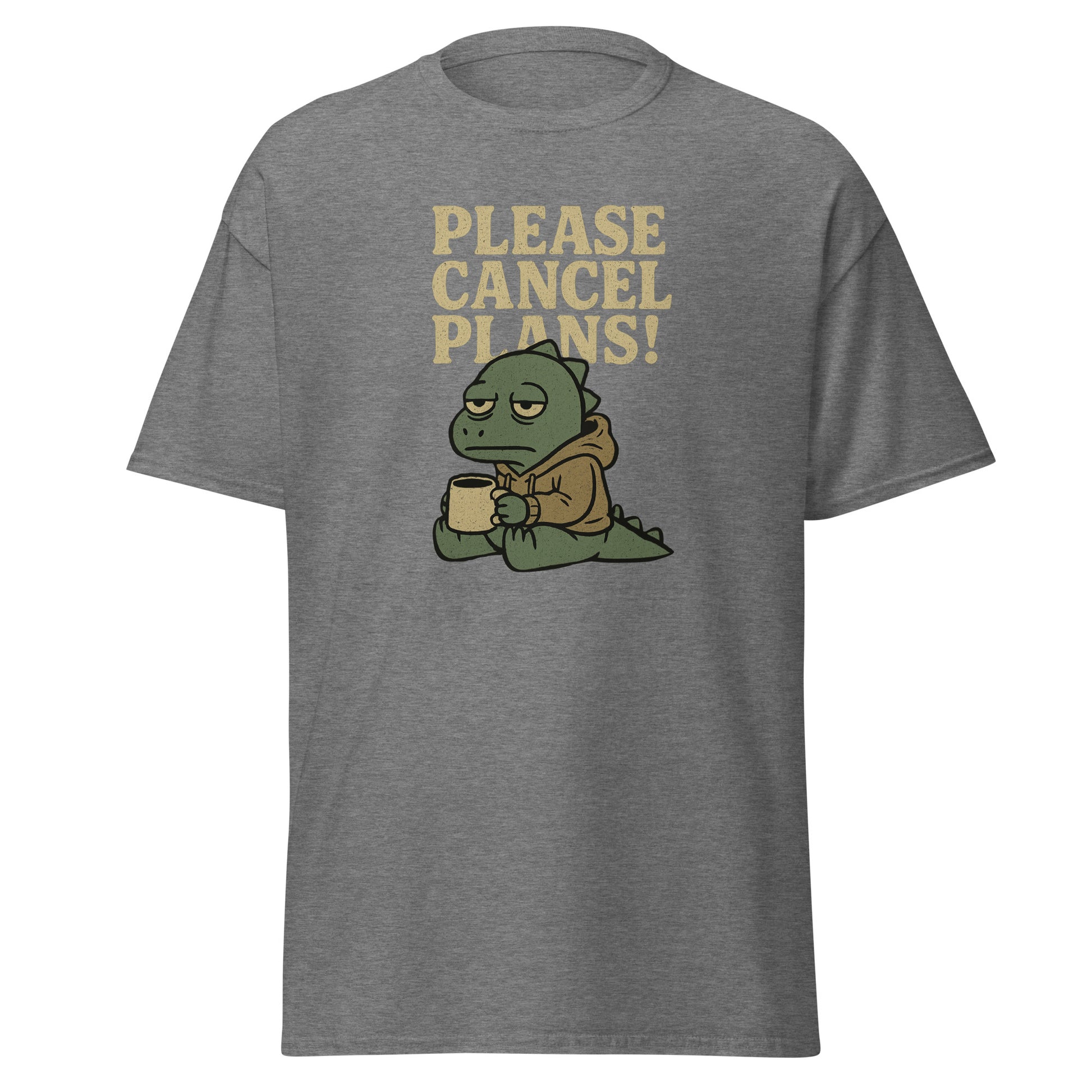 Gray t-shirt with a cartoon character holding a coffee cup and text 'Please Cancel Plans!' on a white background