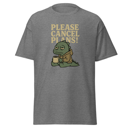 Gray t-shirt with a cartoon character holding a coffee cup and text 'Please Cancel Plans!' on a white background