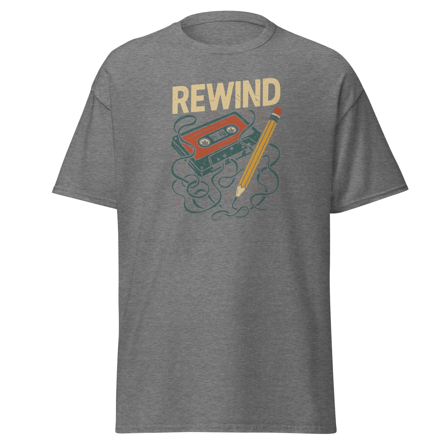 Gray t-shirt with 'REWIND' graphic design featuring a pencil and cassette tape on a white background